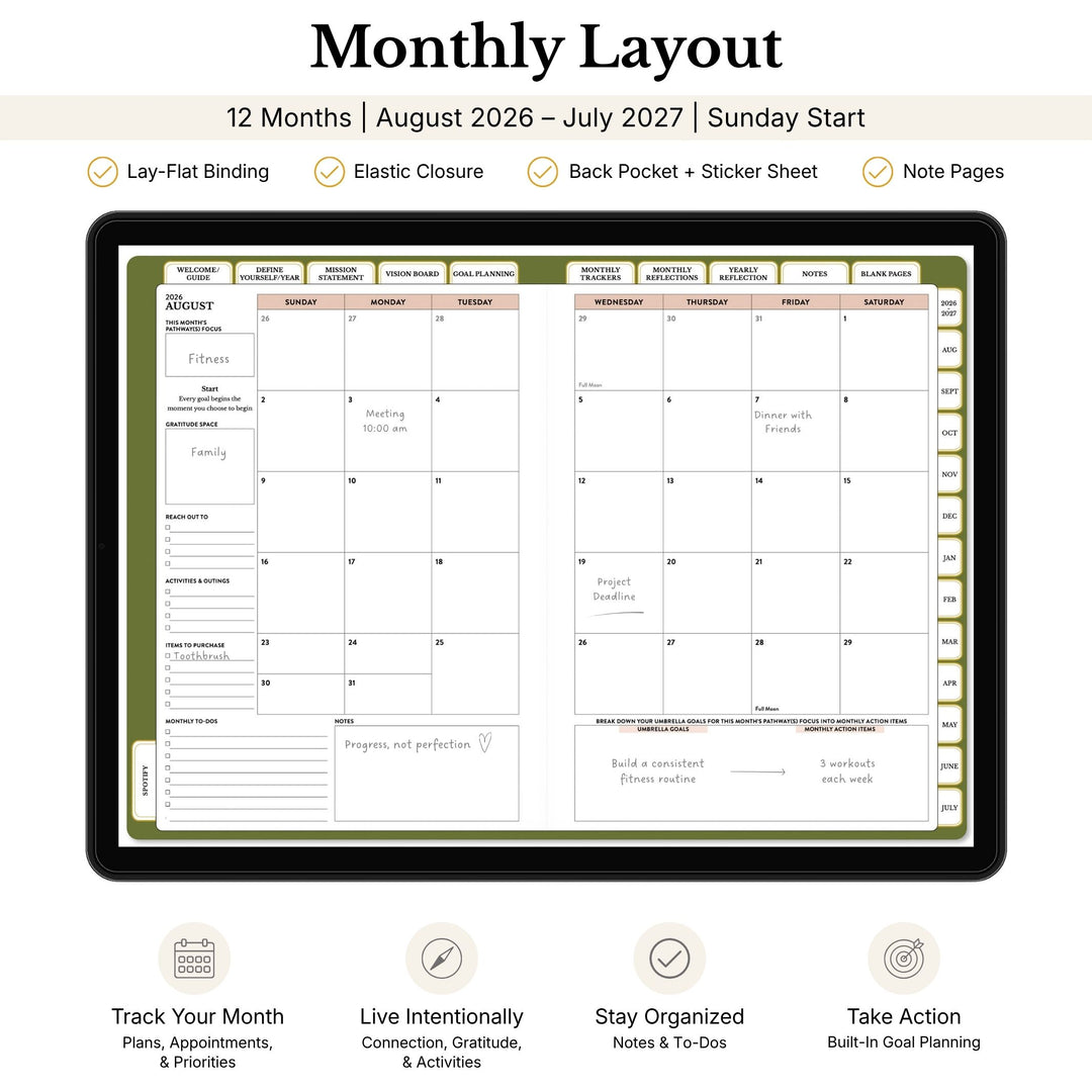 Monthly layout planner with calendar and notes sections on a tablet screen. 