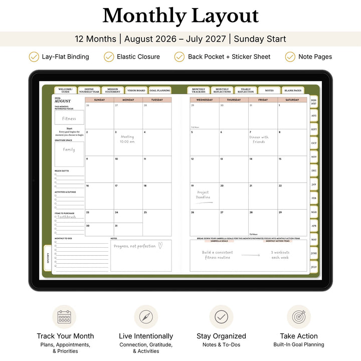 Monthly layout planner with calendar and notes sections on a tablet screen. 