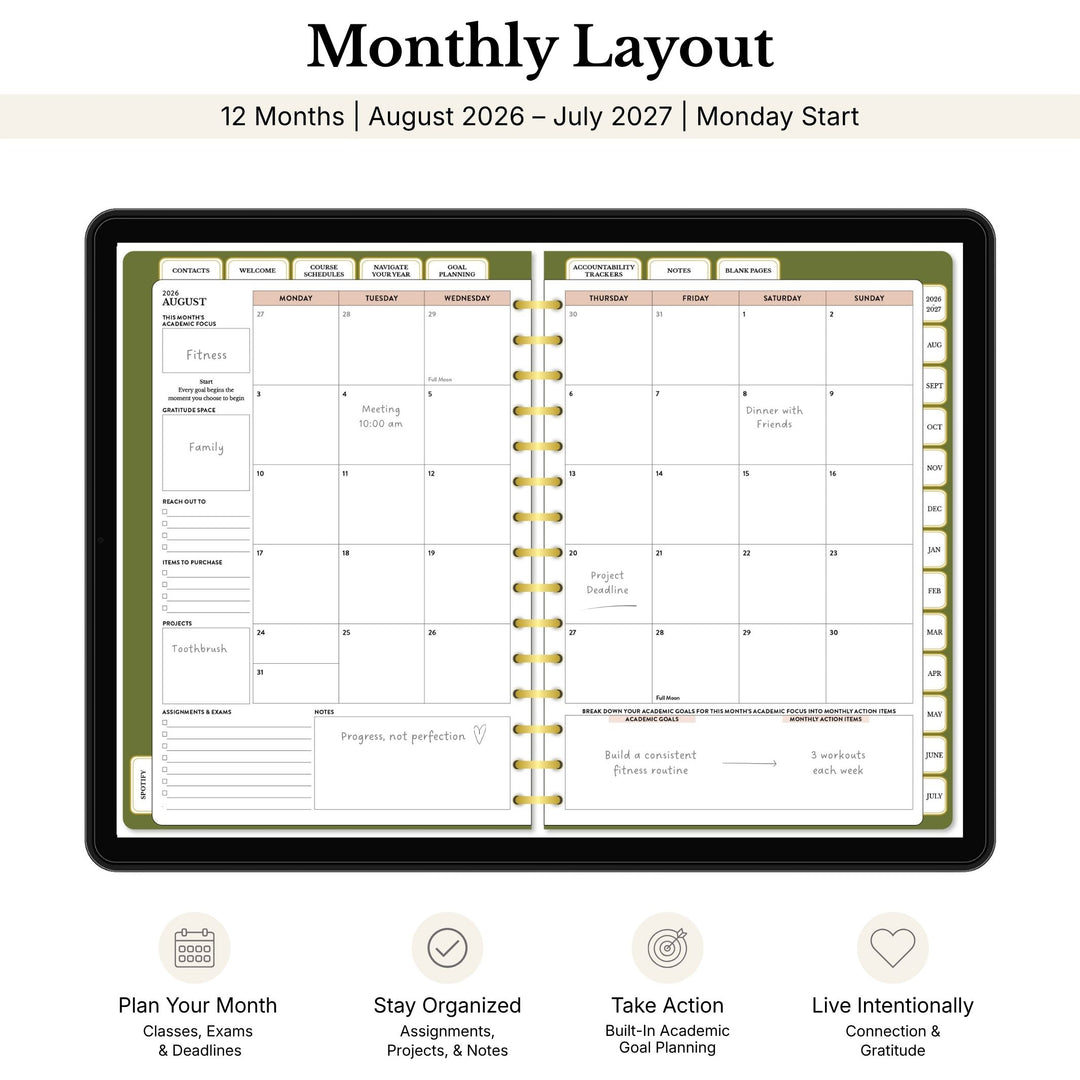 Monthly layout planner with August 2026 to July 2027 dates, showing a two-page spread. 