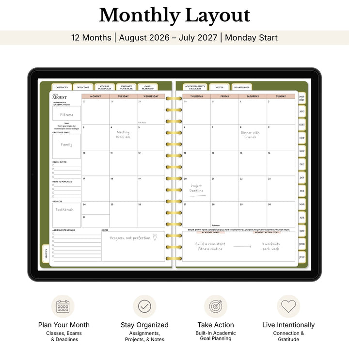 Monthly layout planner with August 2026 to July 2027 dates, showing a two-page spread. 