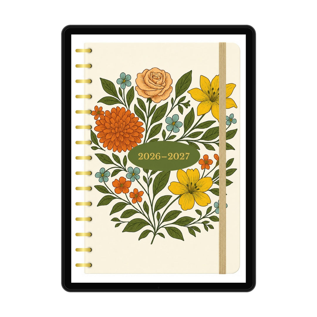 Floral design notebook with 2026-2027 range on a white background #color_botanical-meadow