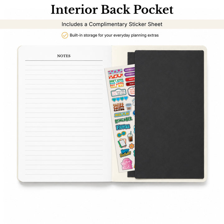 An open planner or notebook showing the interior back pocket feature, with a lined notes page on the left, a black pocket on the right, and a colorful sticker sheet tucked between them. Text at the top reads &