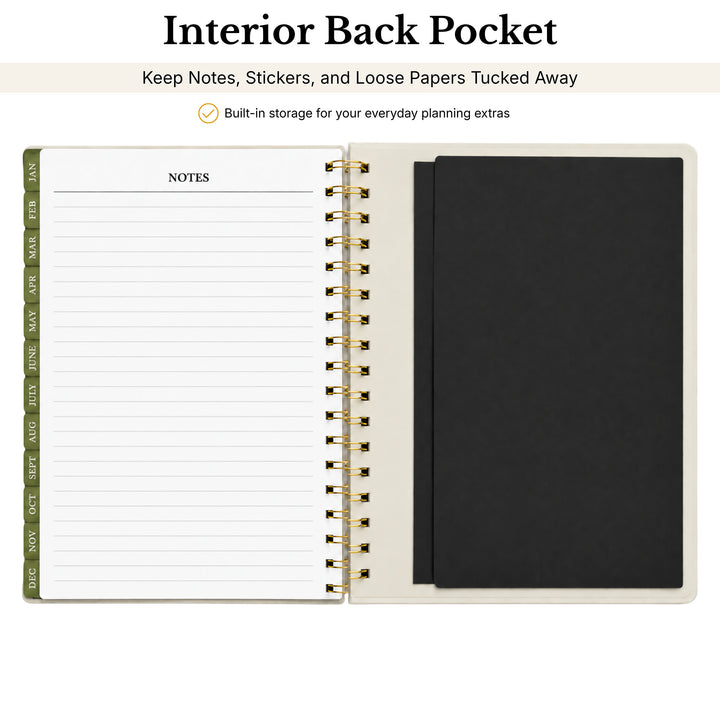 An open spiral-bound planner or notebook showing the interior back pocket feature. The left side has lined pages with green tab headers, and the right side shows a large black pocket. 