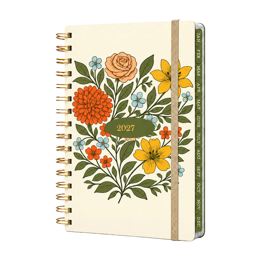 A 2027 spiral-bound planner with a cream-colored cover decorated with retro-style floral illustrations in orange, yellow, green, and blue. The planner features a gold-tone spiral binding and a green elastic closure band with gold lettering. 