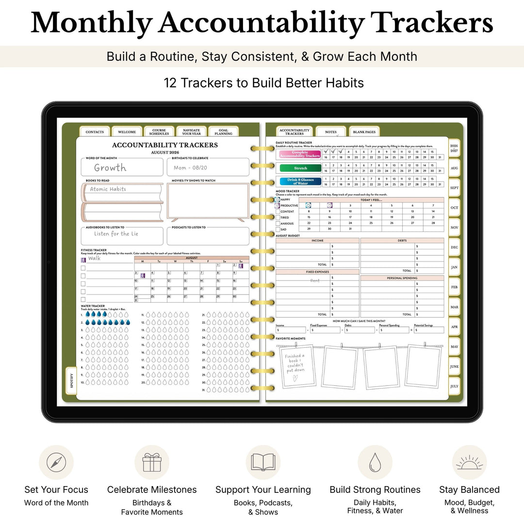 Monthly accountability tracker with various sections for building better habits on a white background. 