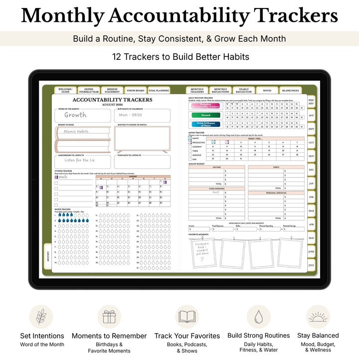 Monthly accountability tracker on a tablet screen with a beige background 