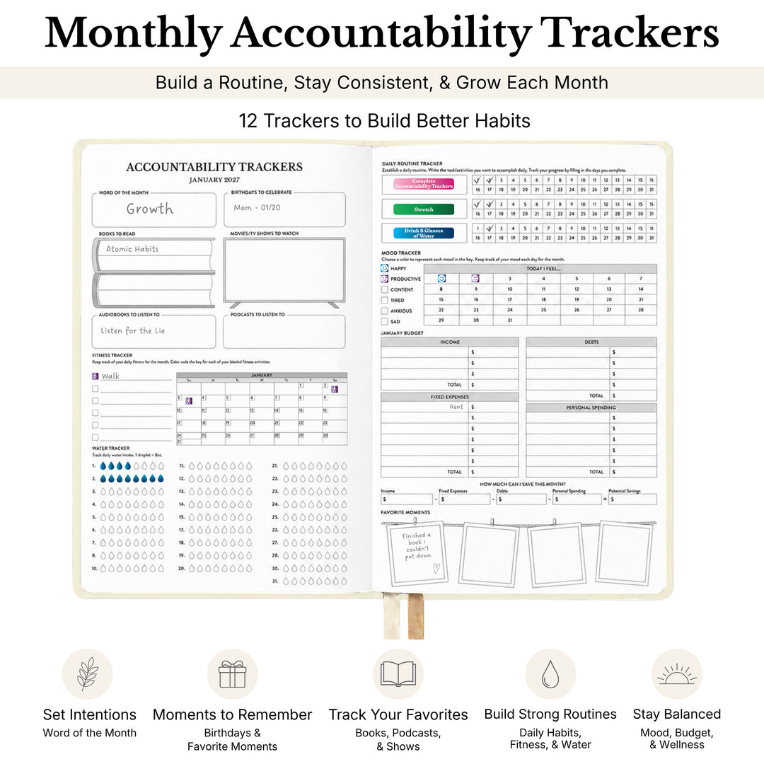 Monthly Accountability Tracker printable planner page shown on a light gray background with marketing text above and feature icons below. The tracker includes sections for growth, finances, habits, social media, goals, and routine tracking with colored progress bars and checklist areas. 
