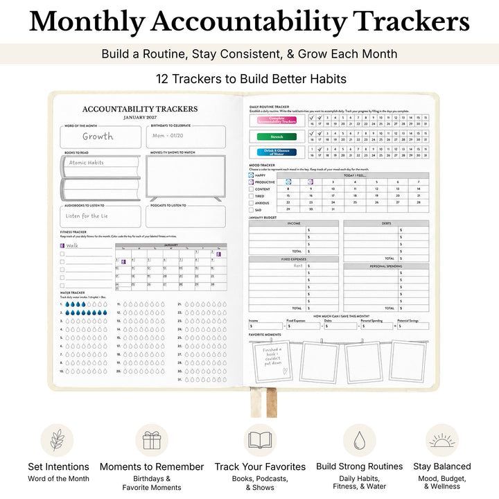 Monthly Accountability Tracker printable planner page shown on a light gray background with marketing text above and feature icons below. The tracker includes sections for growth, finances, habits, social media, goals, and routine tracking with colored progress bars and checklist areas. 