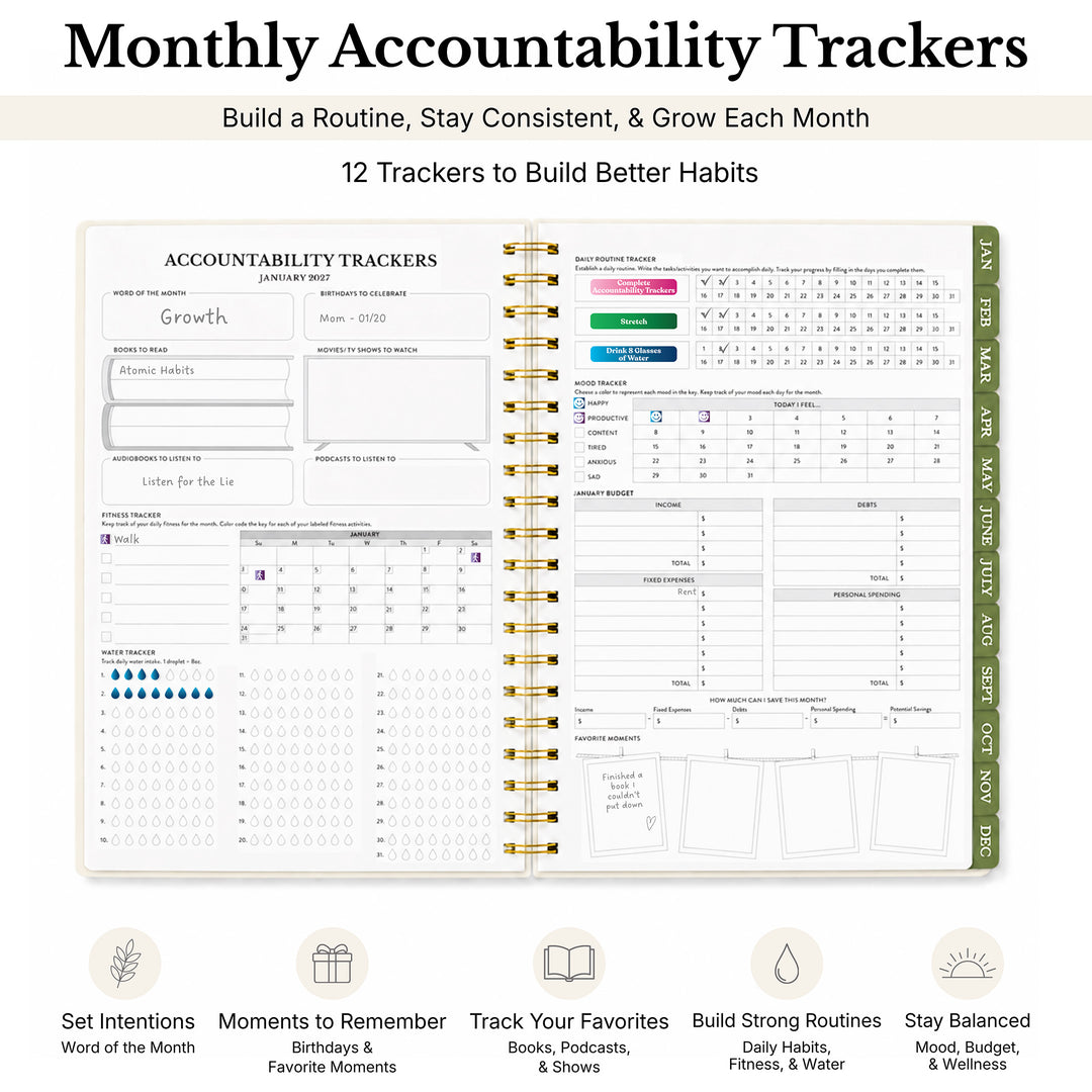 Monthly Accountability Tracker planner shown open on a white background, with a gold spiral binding and multiple printed tracking sections including a monthly calendar, habit checklist, progress bars, and goal boxes. Text above reads &