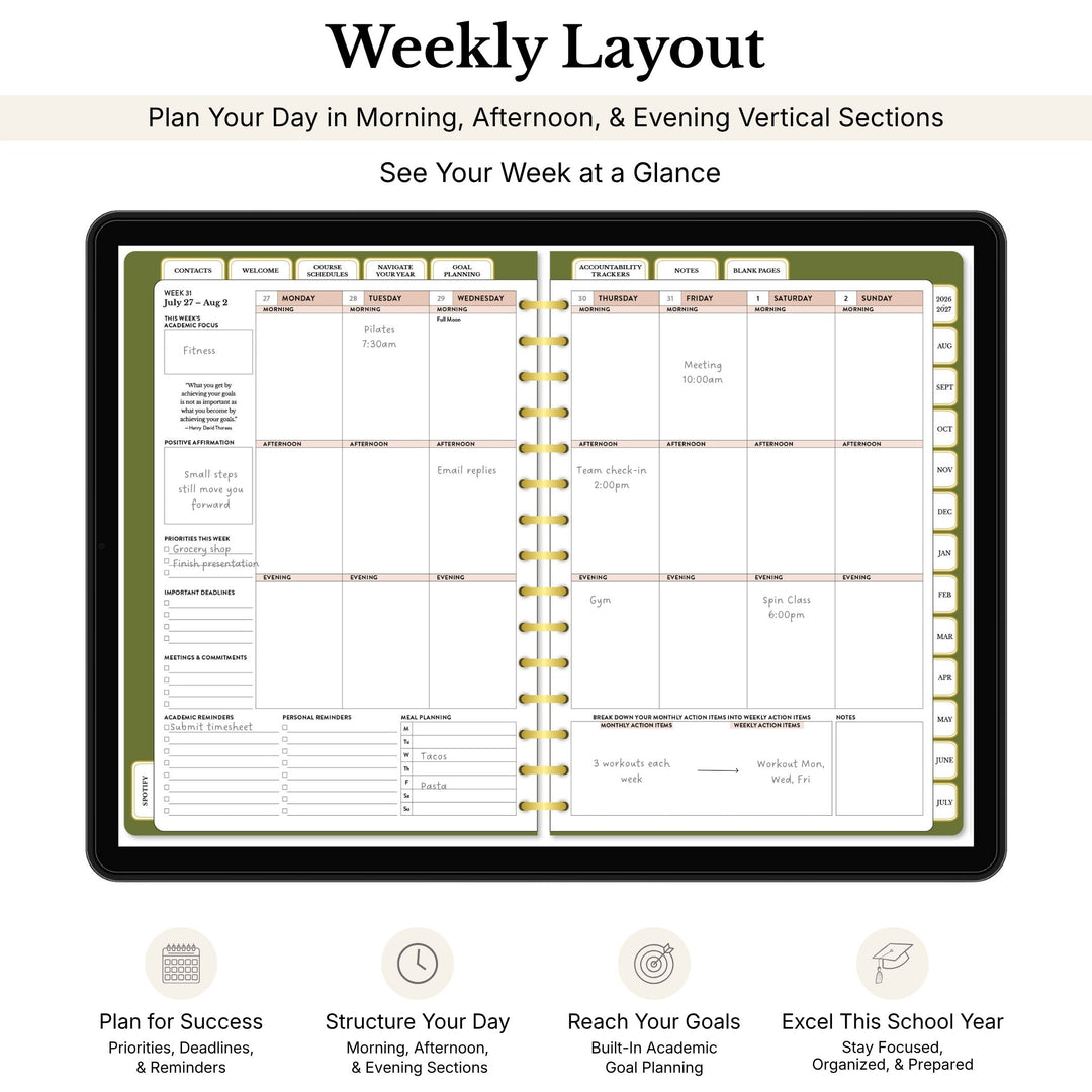 Weekly layout planner with morning, afternoon, and evening sections on a white background 