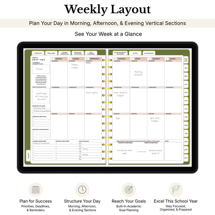Weekly layout planner with morning, afternoon, and evening sections on a white background 