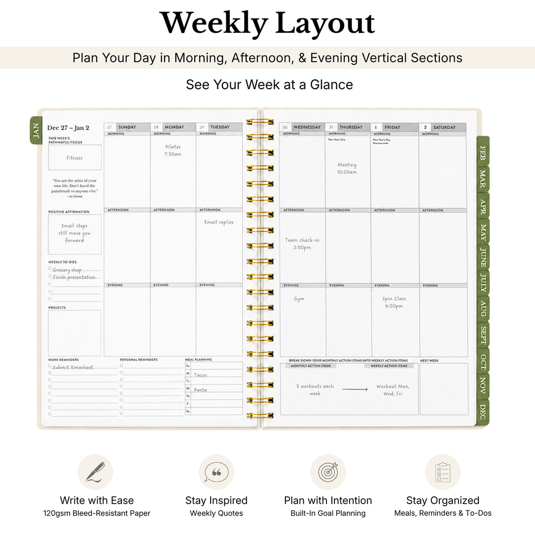 An open spiral-bound weekly planner layout on a light beige background, with the title &