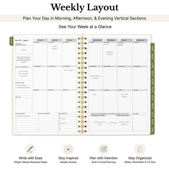 An open spiral-bound weekly planner layout on a light beige background, with the title &