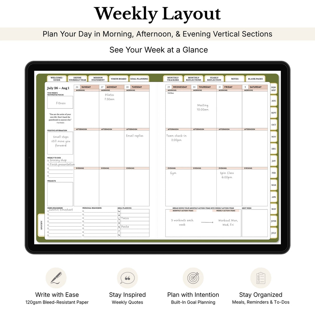 Weekly layout planner with sections for morning, afternoon, and evening, displayed on a tablet. 