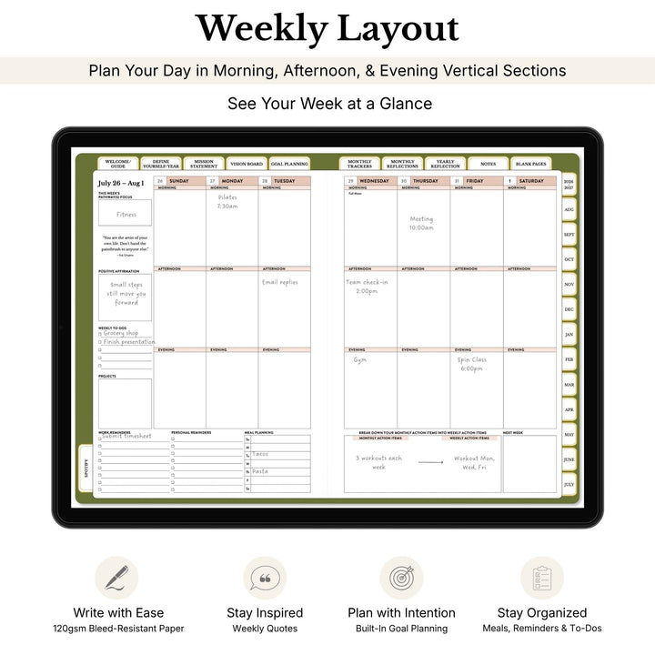 Weekly layout planner with sections for morning, afternoon, and evening, displayed on a tablet. 