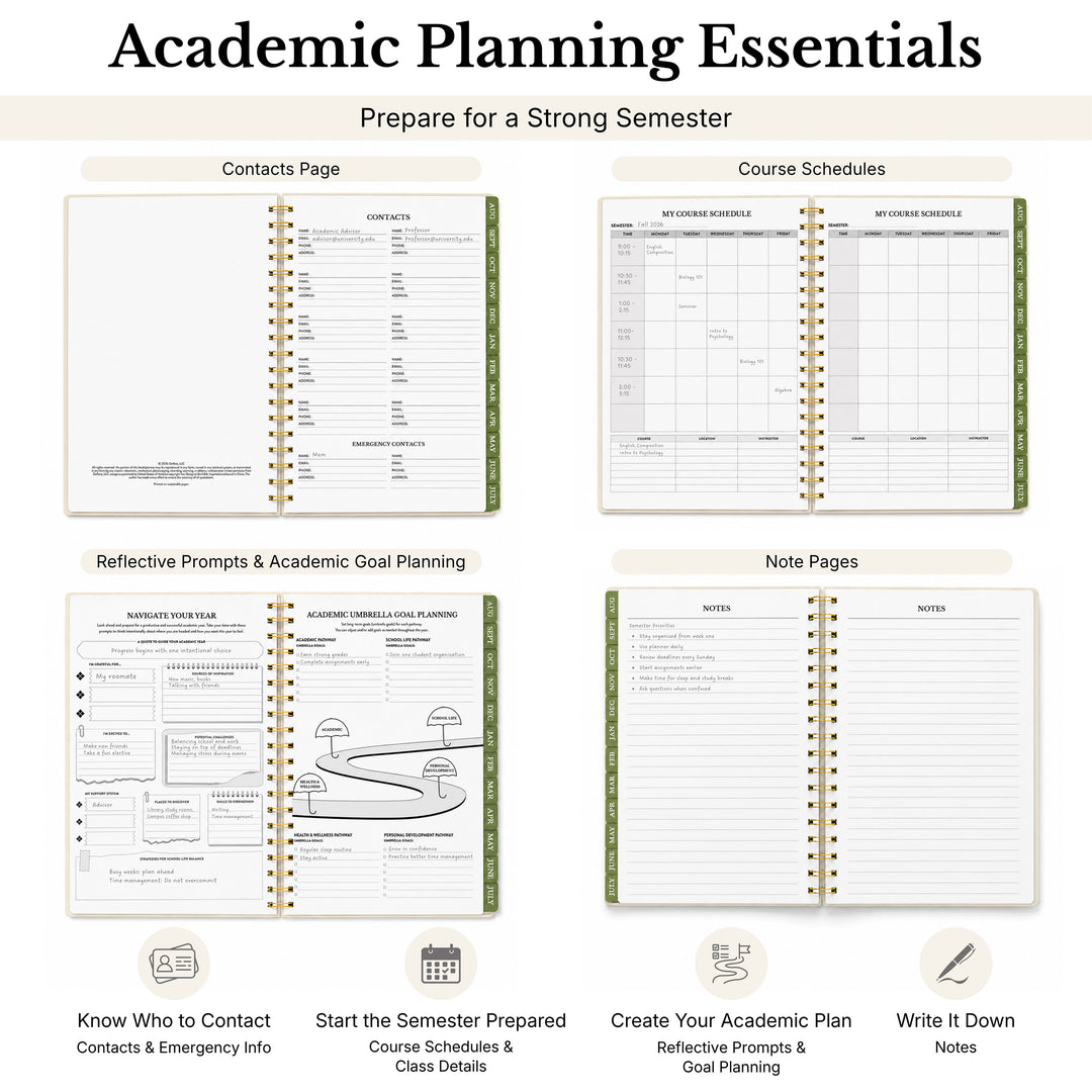 Planner spreads opened to the contacts page, course schedules, academic goal planning, and note pages 