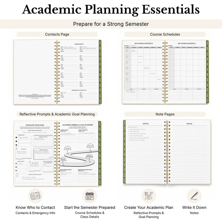 Planner spreads opened to the contacts page, course schedules, academic goal planning, and note pages 