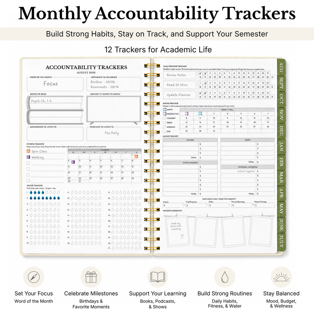 Planner opened to the trackers spread showing 12 trackers for academic life 