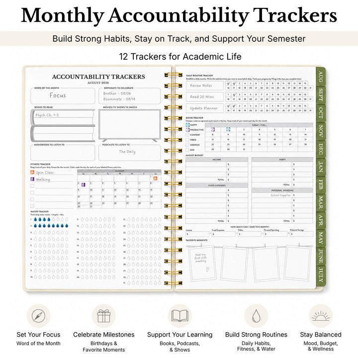 Planner opened to the trackers spread showing 12 trackers for academic life 