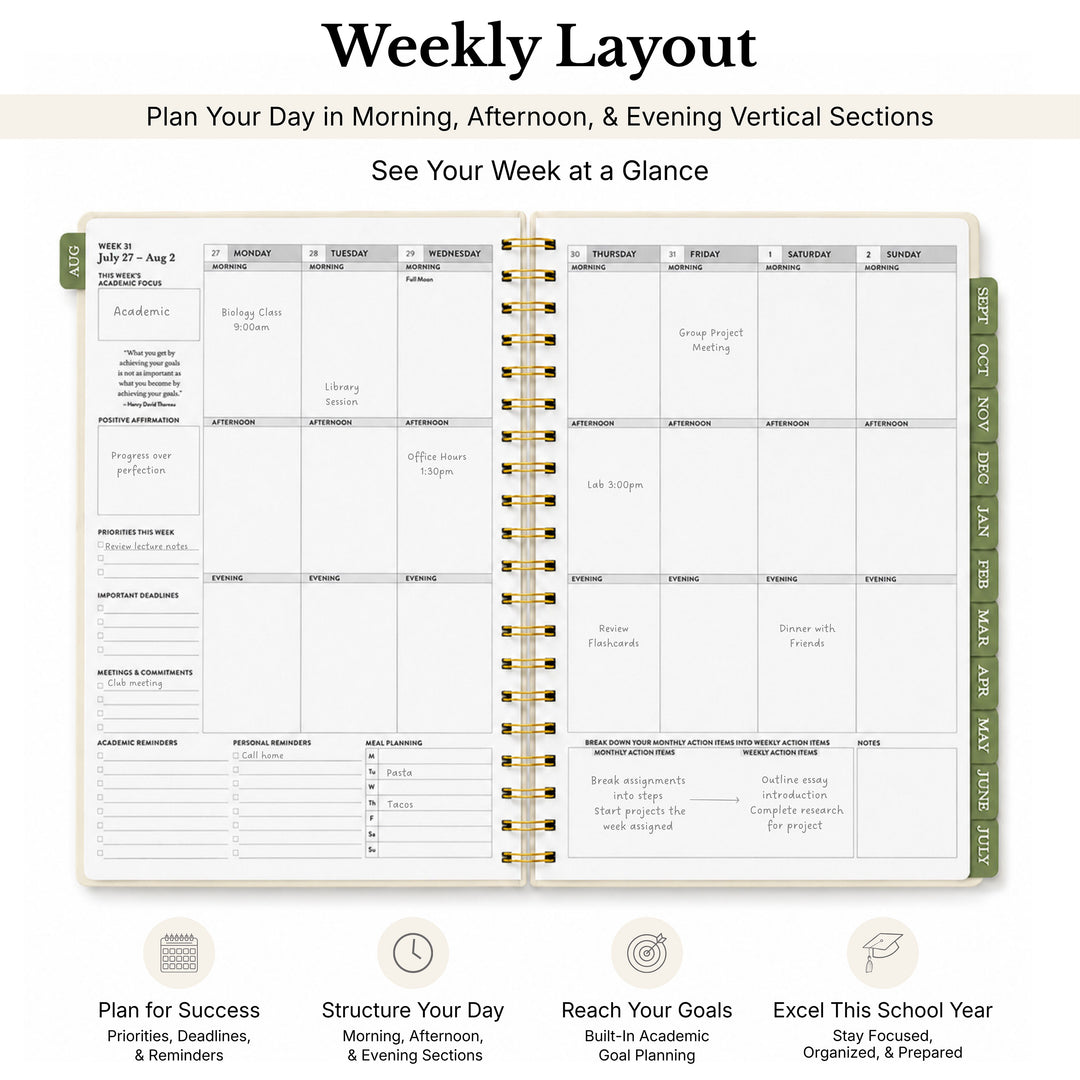 Planner opened to the weekly layout with a monday start showing the week at a glance 