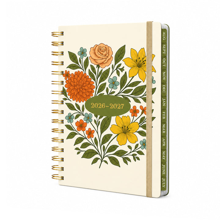 Floral design planner with 2026-2027 date range on a white background 