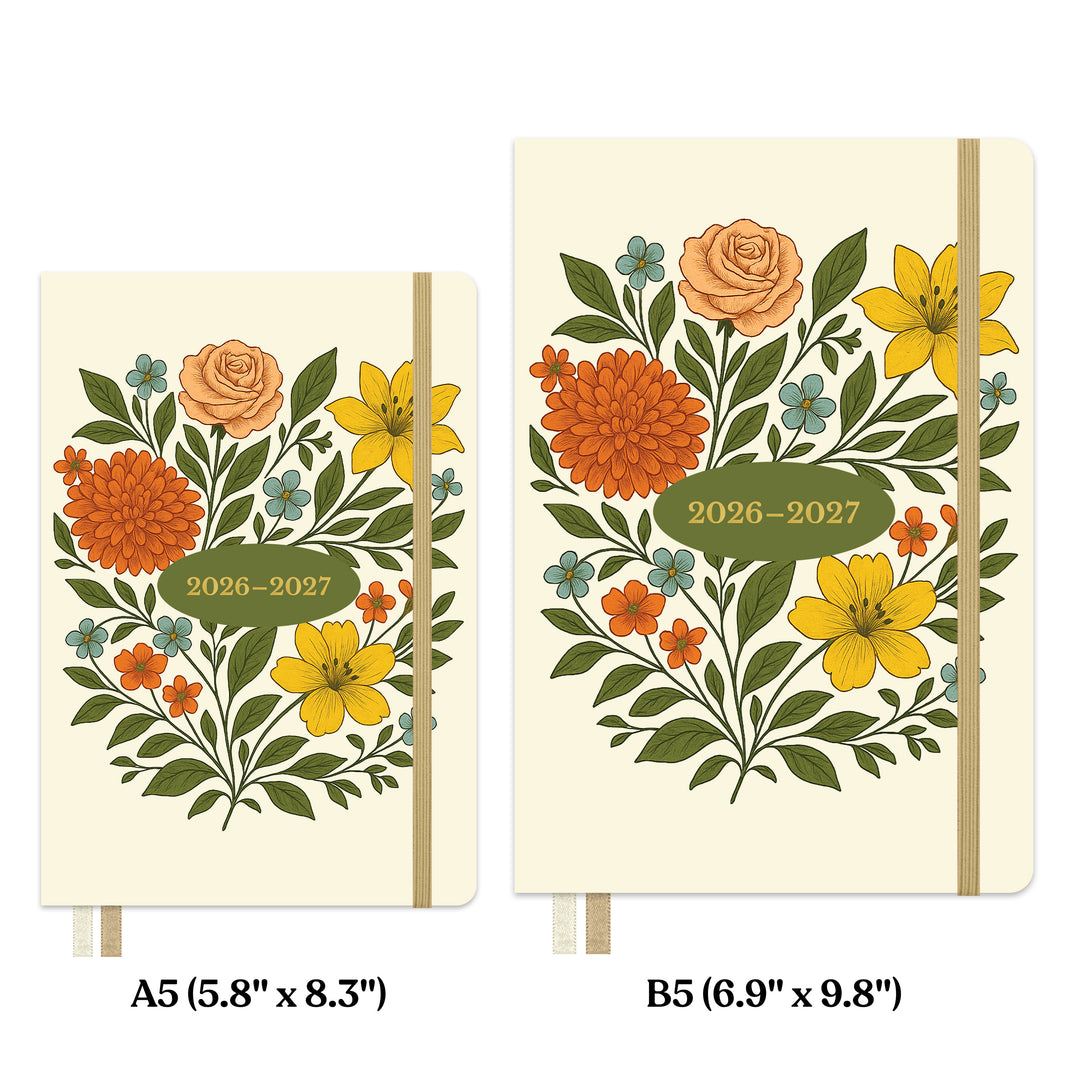 size comparison of two floral planners with 2026-2027 dates on a white background 