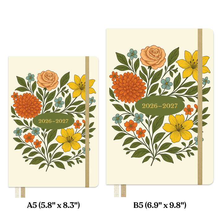 size comparison of two floral planners with 2026-2027 dates on a white background 