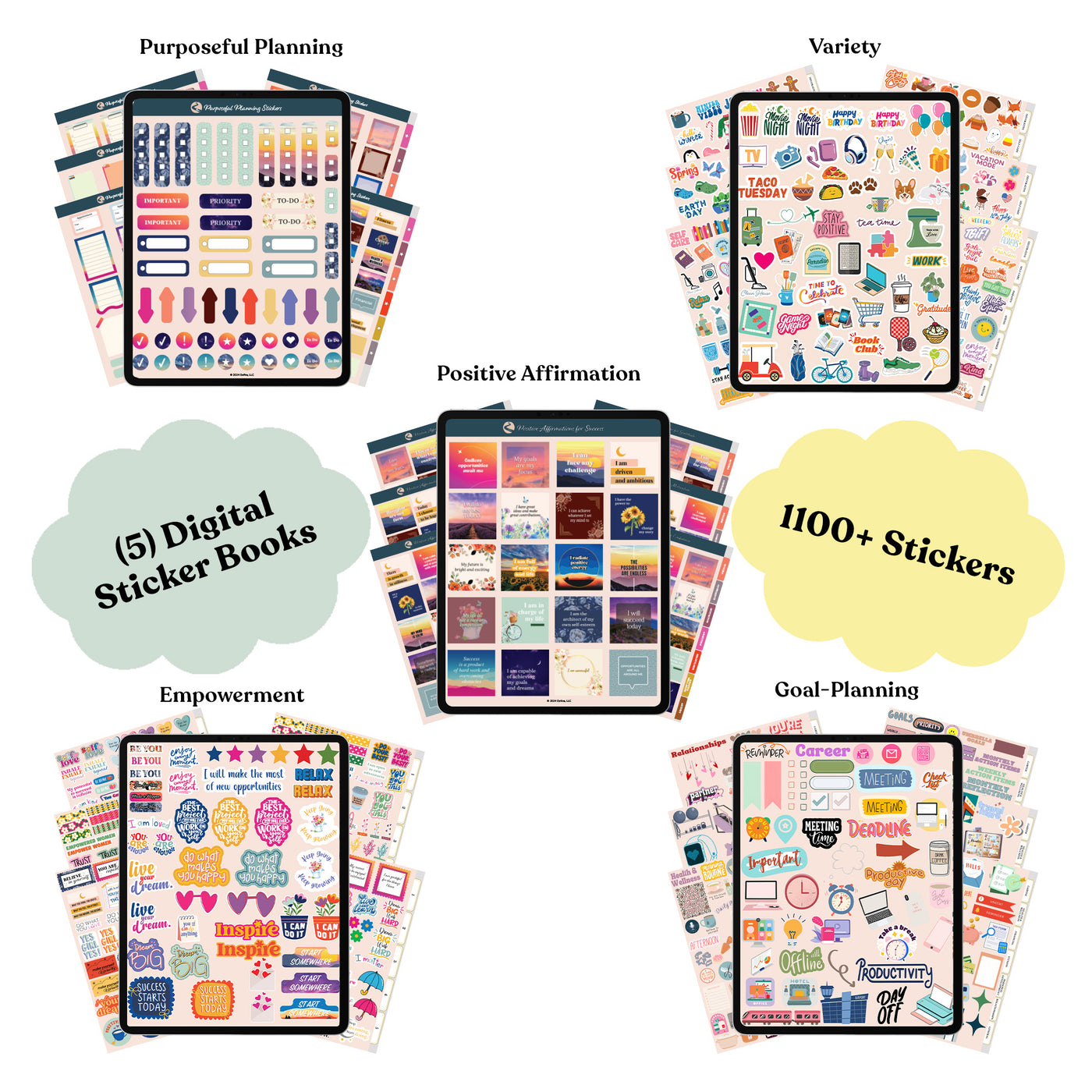 Digital Sticker Bundle featuring 5 digital sticker books with 1100+ stickers for planning, goal-setting, and positive affirmations in GoodNotes.