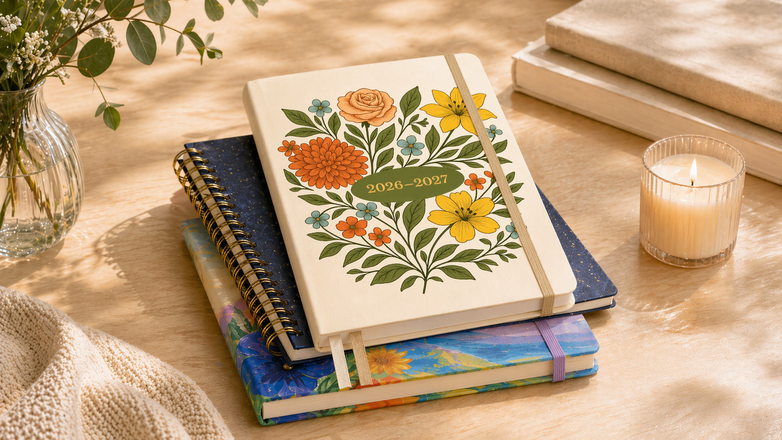 Floral planner with 2026-2027 calendar on a wooden surface with books and a candle.
