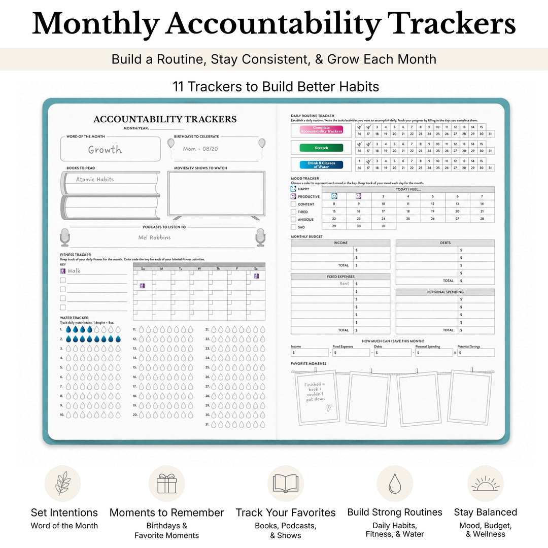 Monthly accountability tracker with various sections for building better habits. 