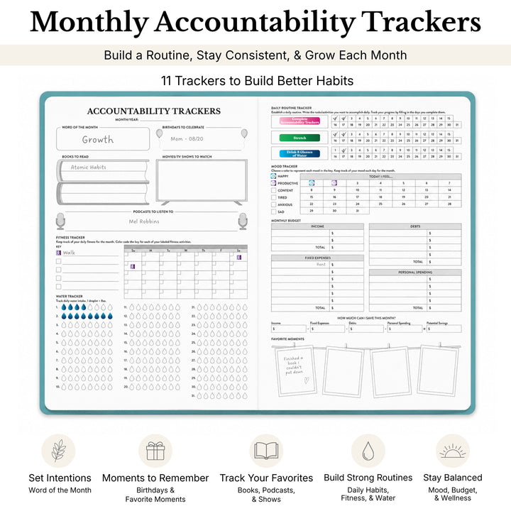 Monthly accountability tracker with various sections for building better habits. 
