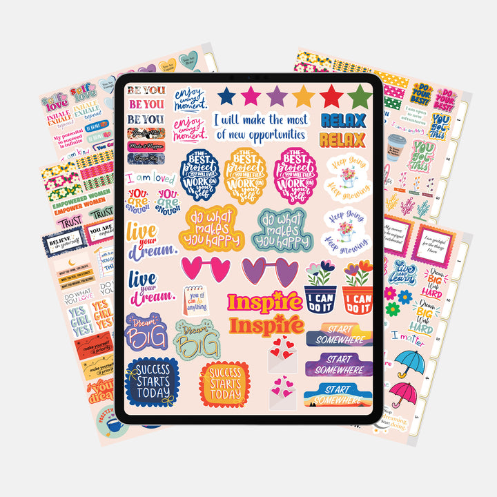 A collection of colorful digital stickers with various motifs and phrases, displayed around a tablet showing a sticker interface.