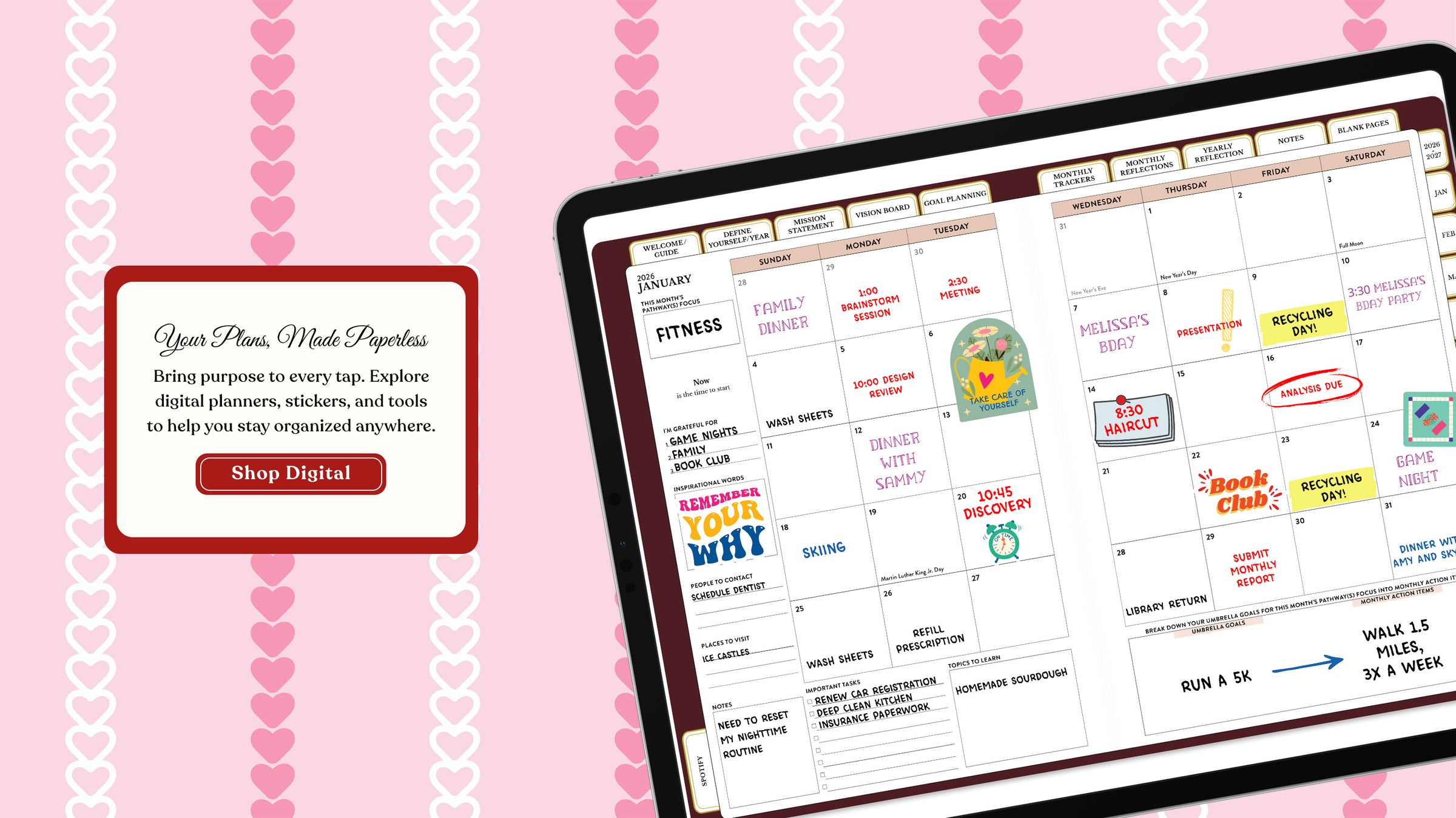 Calendar app on a laptop screen with a pink heart-themed background
