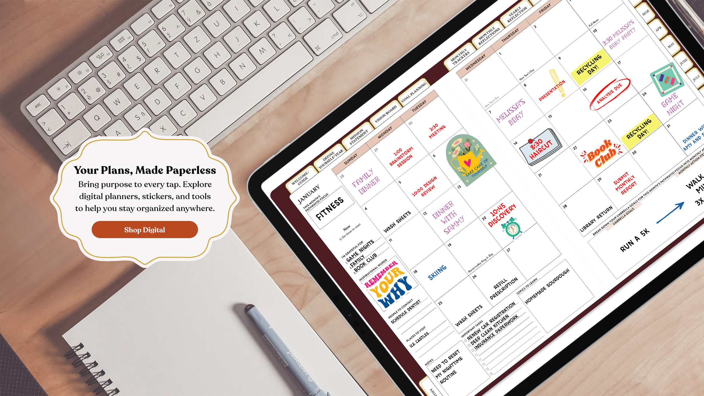 Digital planner app on a tablet with a keyboard and pen on a wooden surface