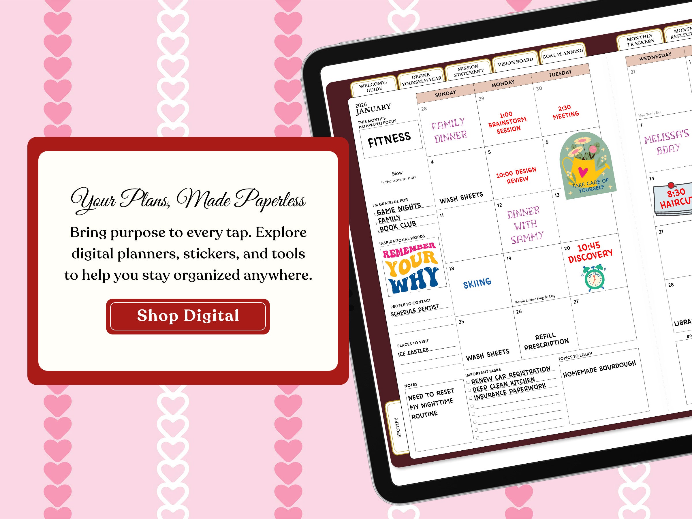 Digital planner on a tablet with promotional text on a pink background with heart patterns
