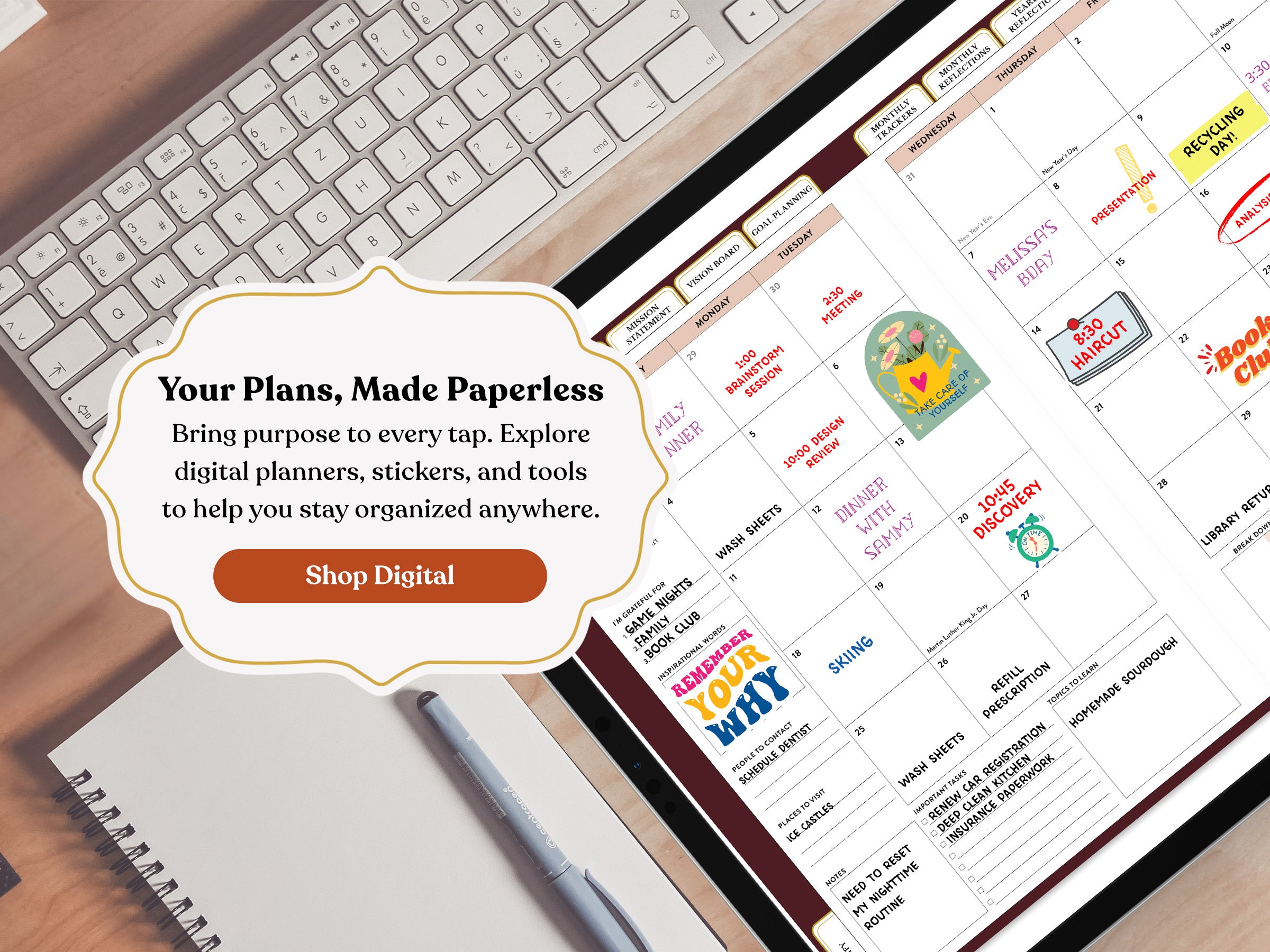 Digital planner on a computer screen with a keyboard and notebook on a wooden surface.