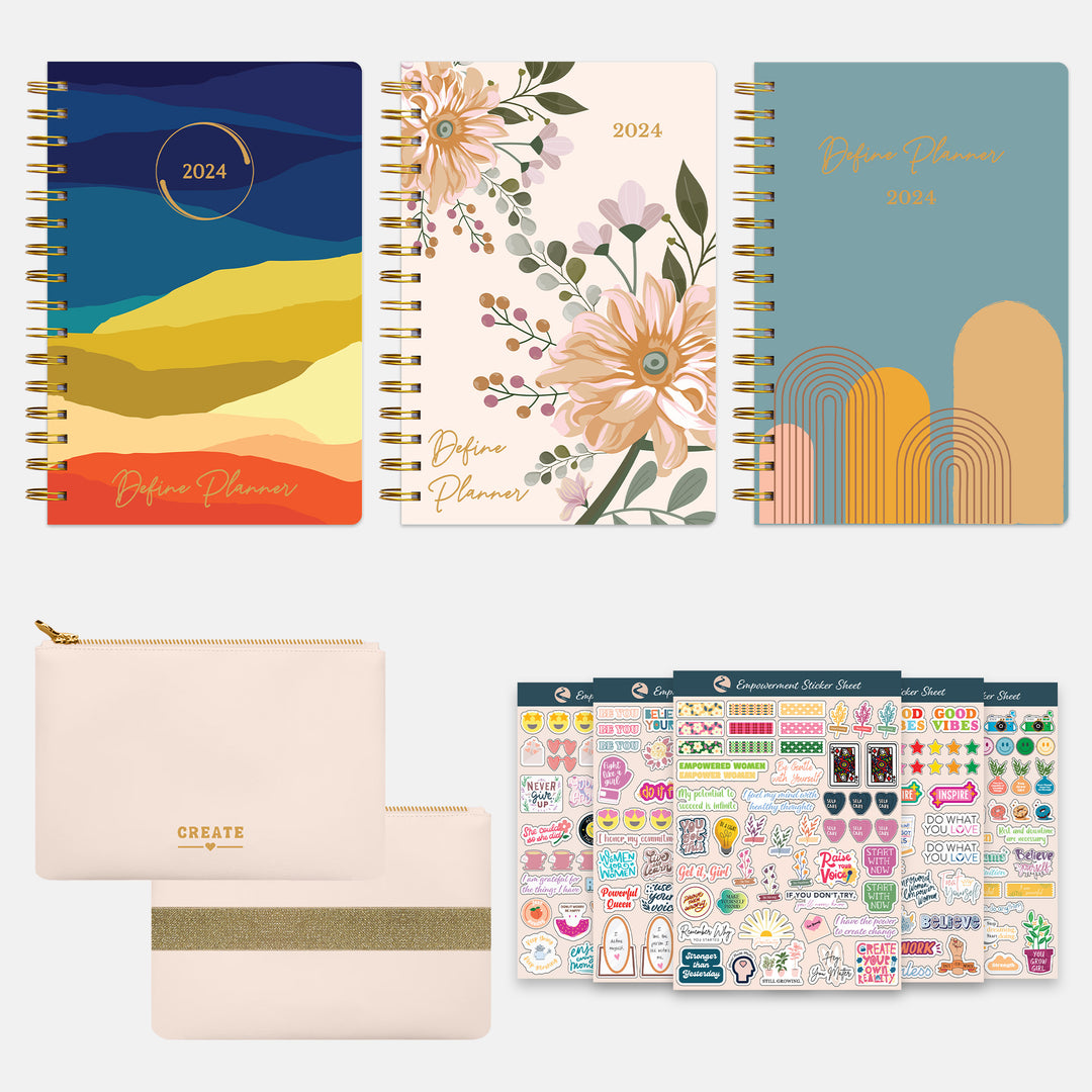 2024 Gold Spiral Planner, Planny Pouch, & Empowerment Sticker Sheets