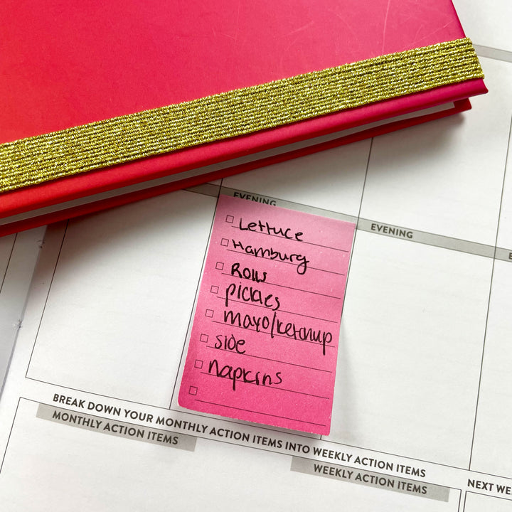 Gradient Sticky Note Booklet, closeup of the checklist sticky note in the define planner's evening box in the weekly spread #color_gradient