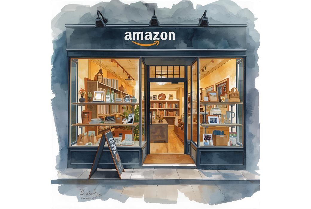 Illustration of an Amazon store front with a blue facade and warm interior lighting.