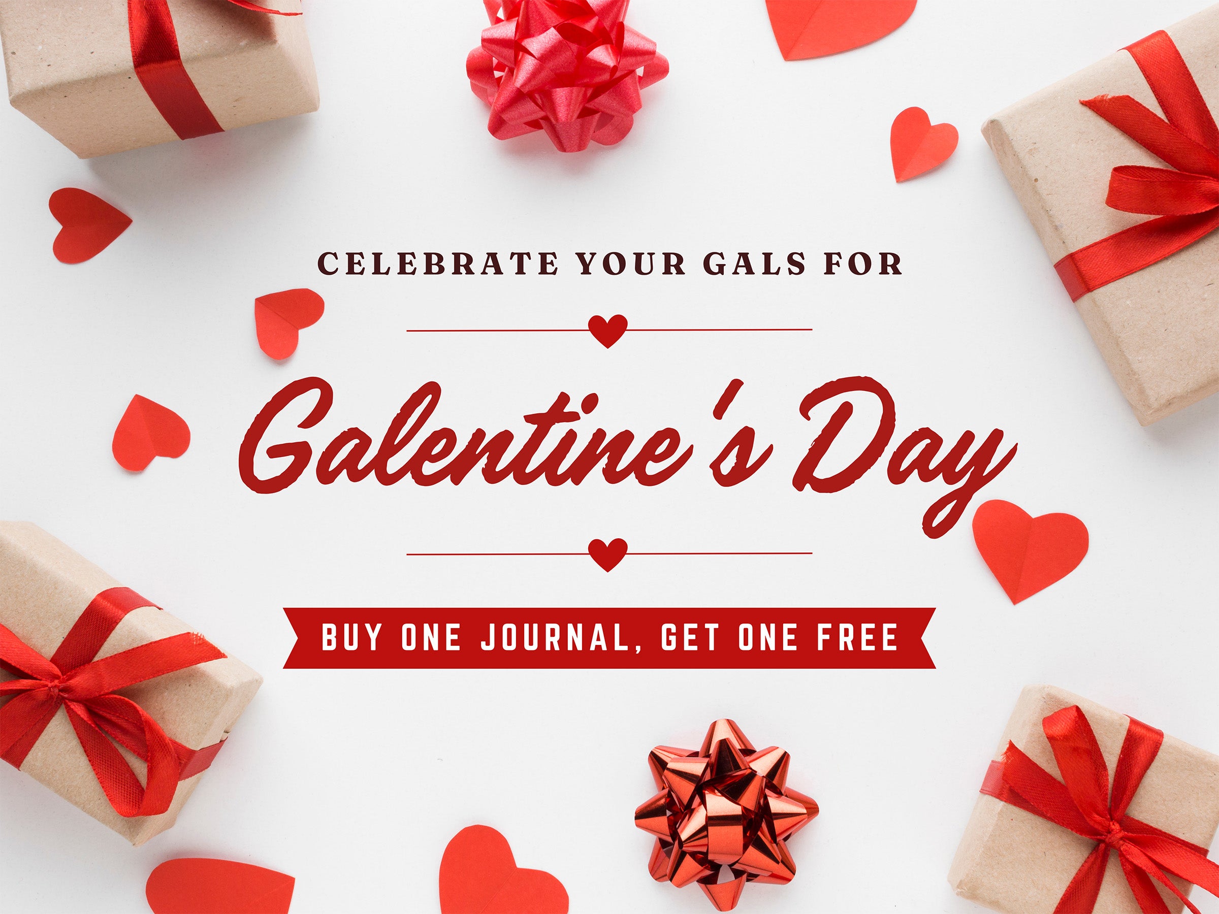 Promotional graphic for Valentine's Day with wrapped gifts and red ribbons on a white background.