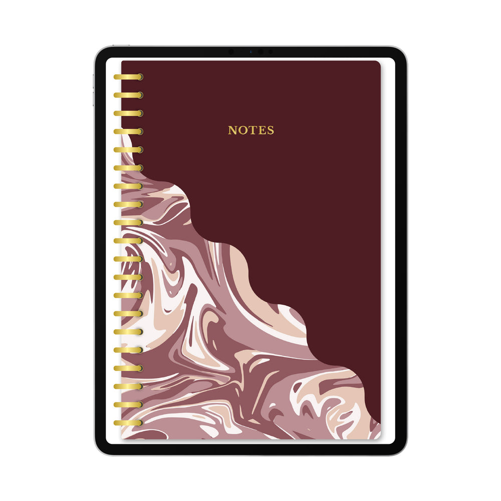 Digital Gold Spiral Notebook with maroon and marble cover, hyperlinked tabs, compatible with GoodNotes and other note-taking apps. #color_marble-burgundy