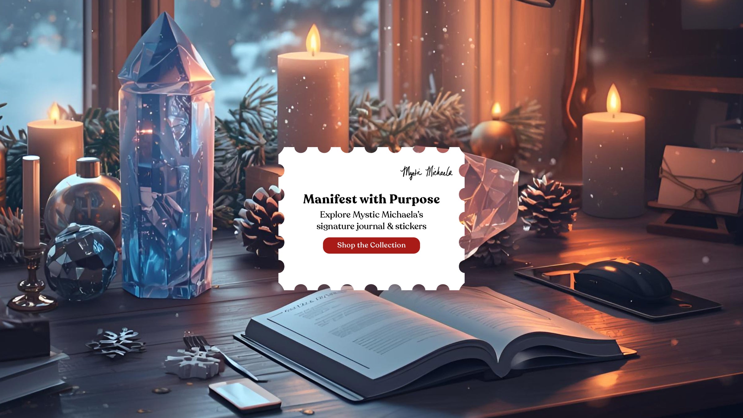 Promotional graphic for Mystic Michaela with a journal, candles, and crystals on a desk.