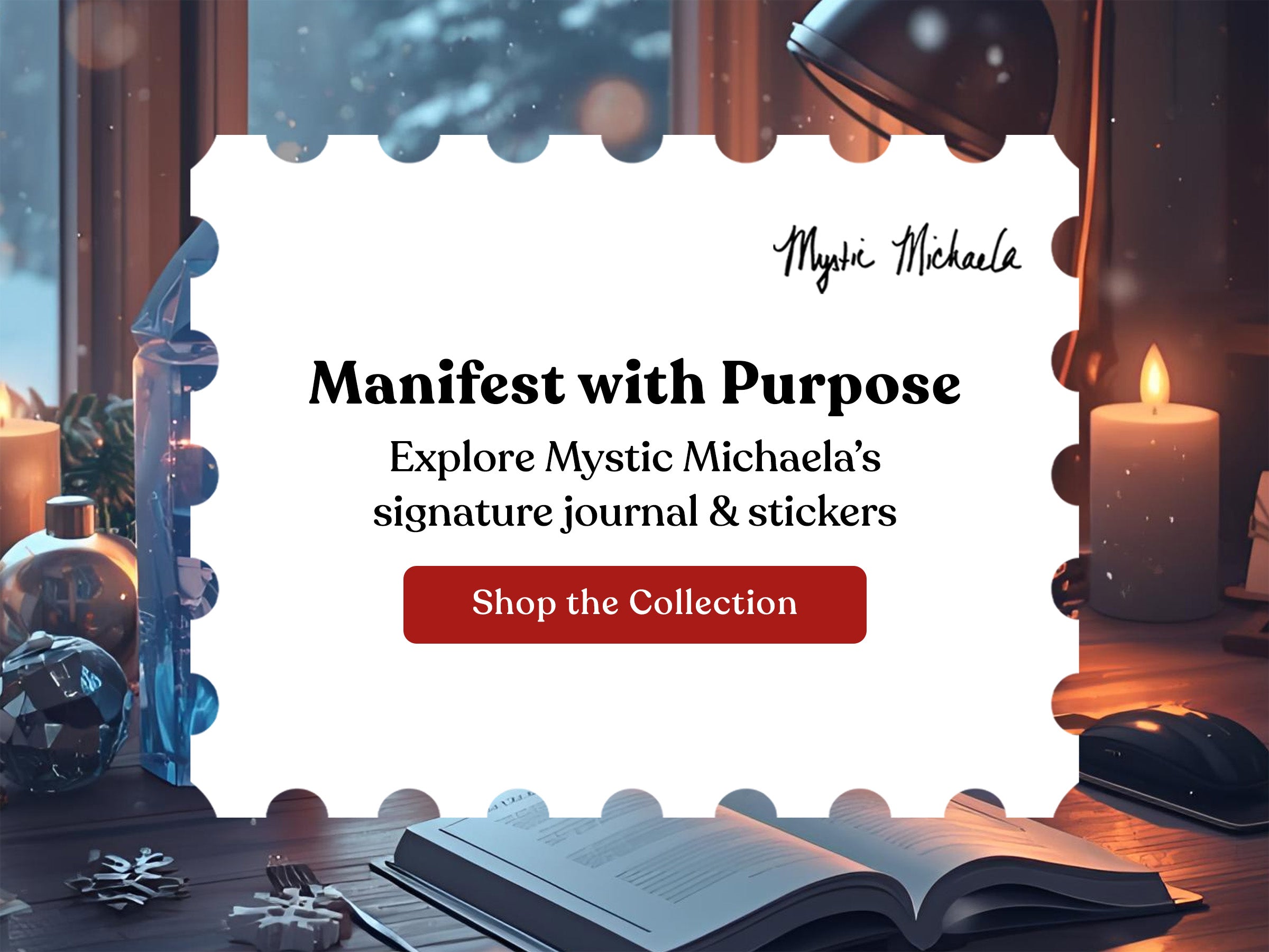Promotional graphic for Mystic Michaela with a journal, candles, and crystals on a desk.