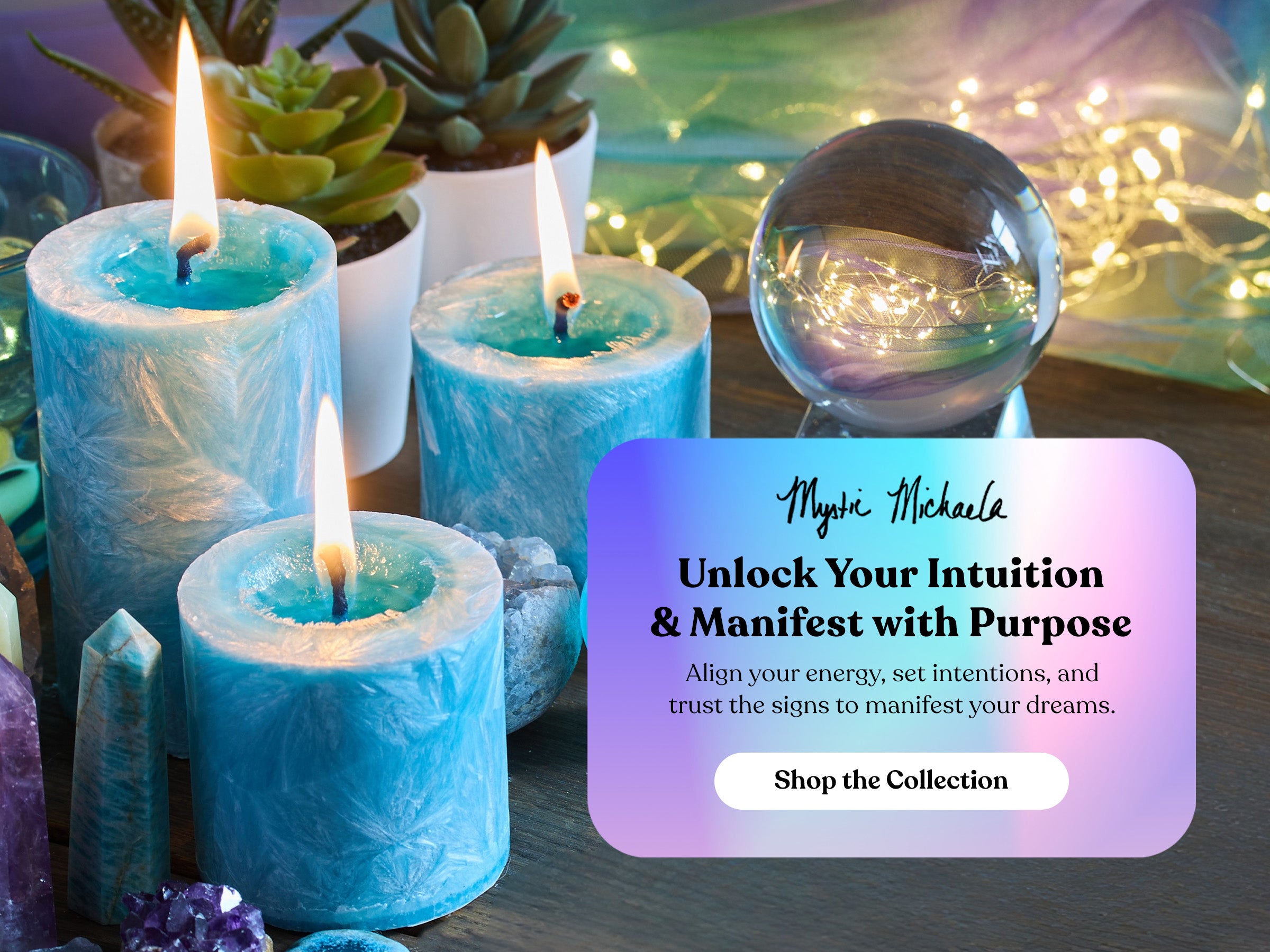 Blue candles with a crystal ball, crystals, and plants on a wooden surface with a promotional overlay.