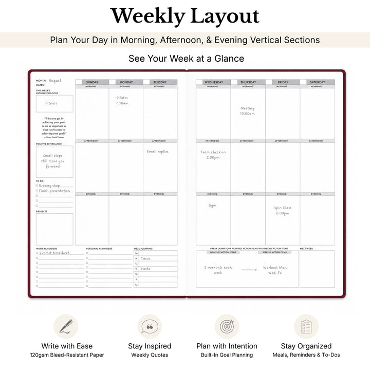 Weekly layout planner with sections for morning, afternoon, and evening activities. 