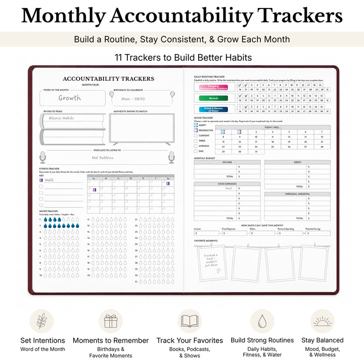 Monthly accountability tracker with various sections for tracking habits and growth. 