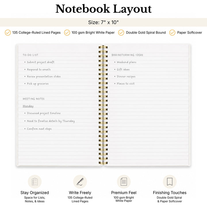 Notebook layout with spiral binding and lined pages, featuring text on a white background. 