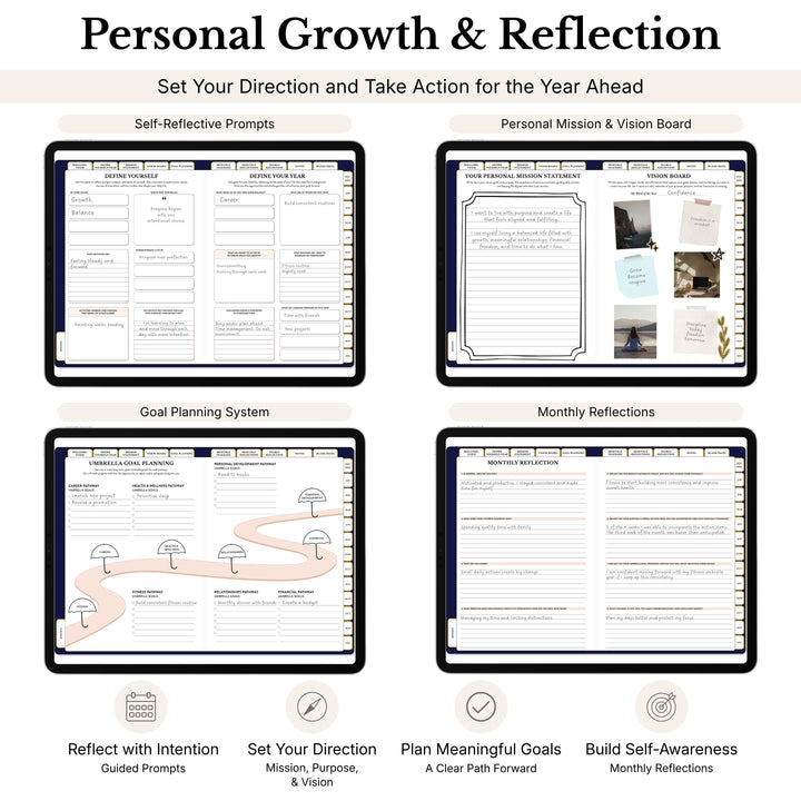 Inside look at the different personal growth and reflection pages in the 2027 digital planner 