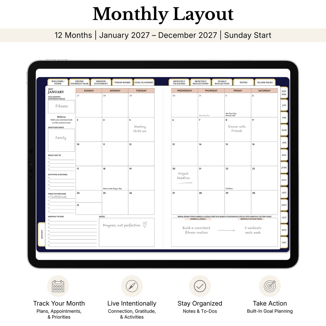 Monthly calendar in the 2027 digital planner with callouts and features 