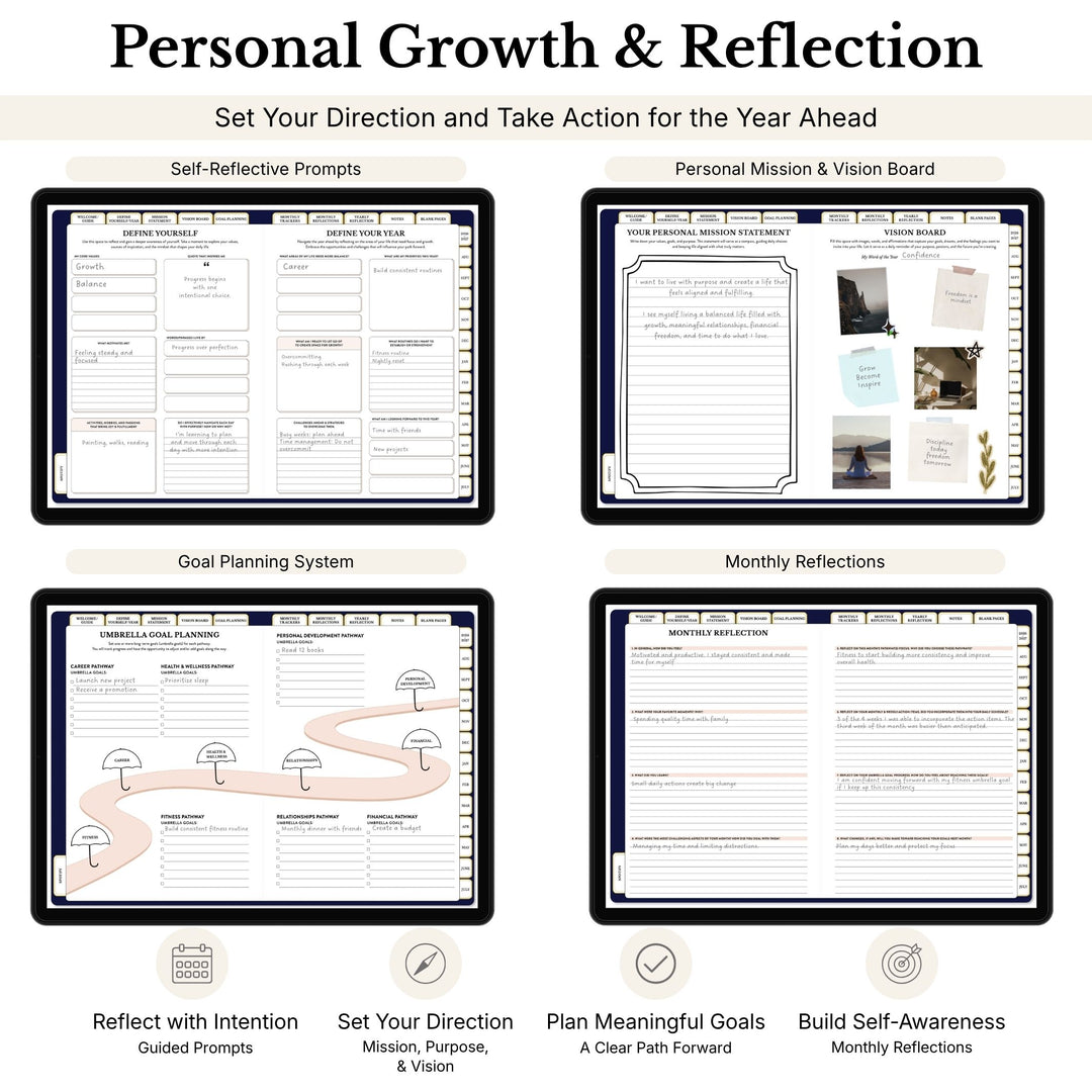 Personal growth and reflection planner with various sections on a white background 